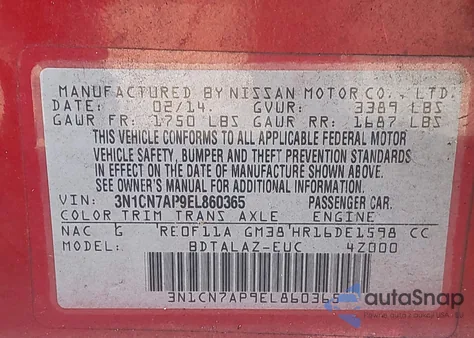 2014 Nissan Versa 1.6 S+ from USA, damaged, VIN 3N1CN7AP9EL860365